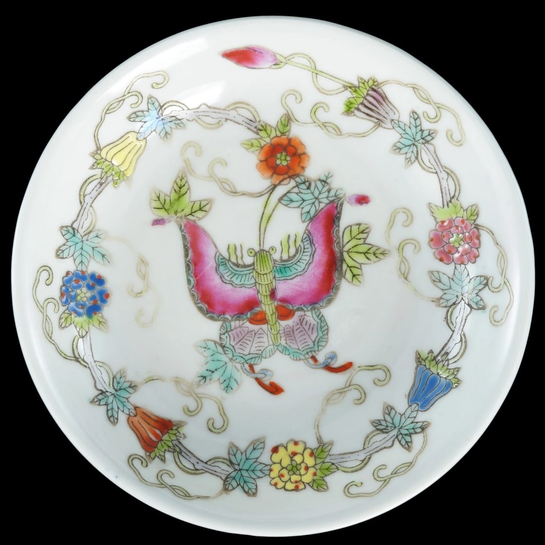 Chinese Republic Era Polychrome Sauce Dish: Title:Chinese Republic Era Polychrome Sauce DishSize:4 in (10.2 cm) diameter x 1 in (2.5 cm) tall.Description:A small, delicately painted porcelain dish with a design of a butterfly surrounded by
