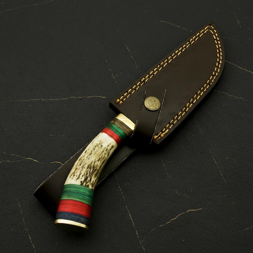 Handmade 512-Layer Damascus Steel Hunting Knife with Stag Horn Handle & Sheath - 6