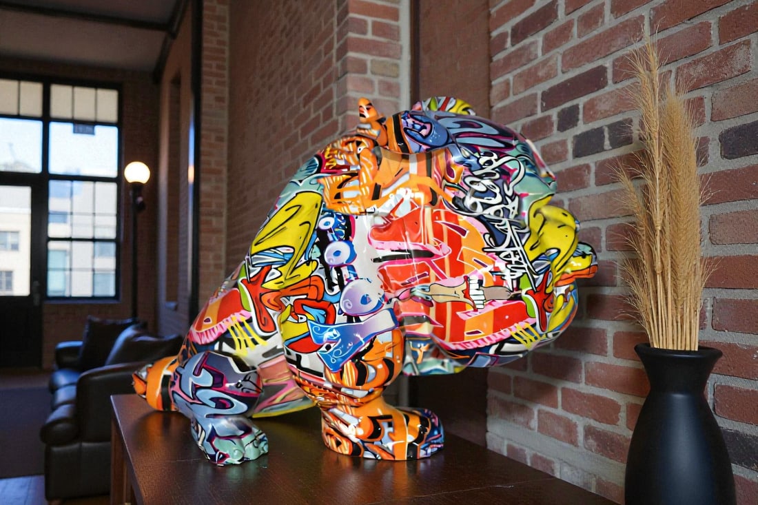 Modern Happy Graffiti Bulldog Statue Made of Resin Size: 14" x 19" x 10"H - 2