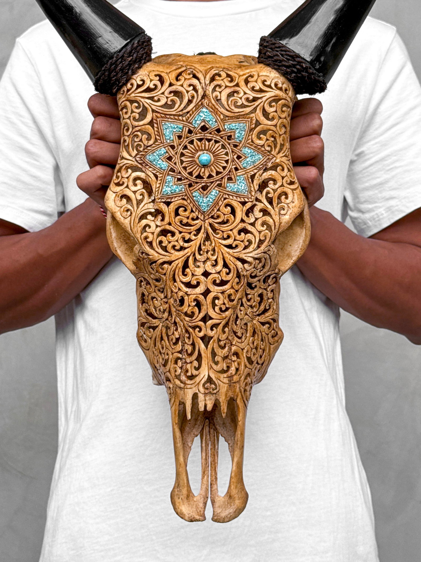 Brown cow skull - Star mandala with turqoise inlay - 2