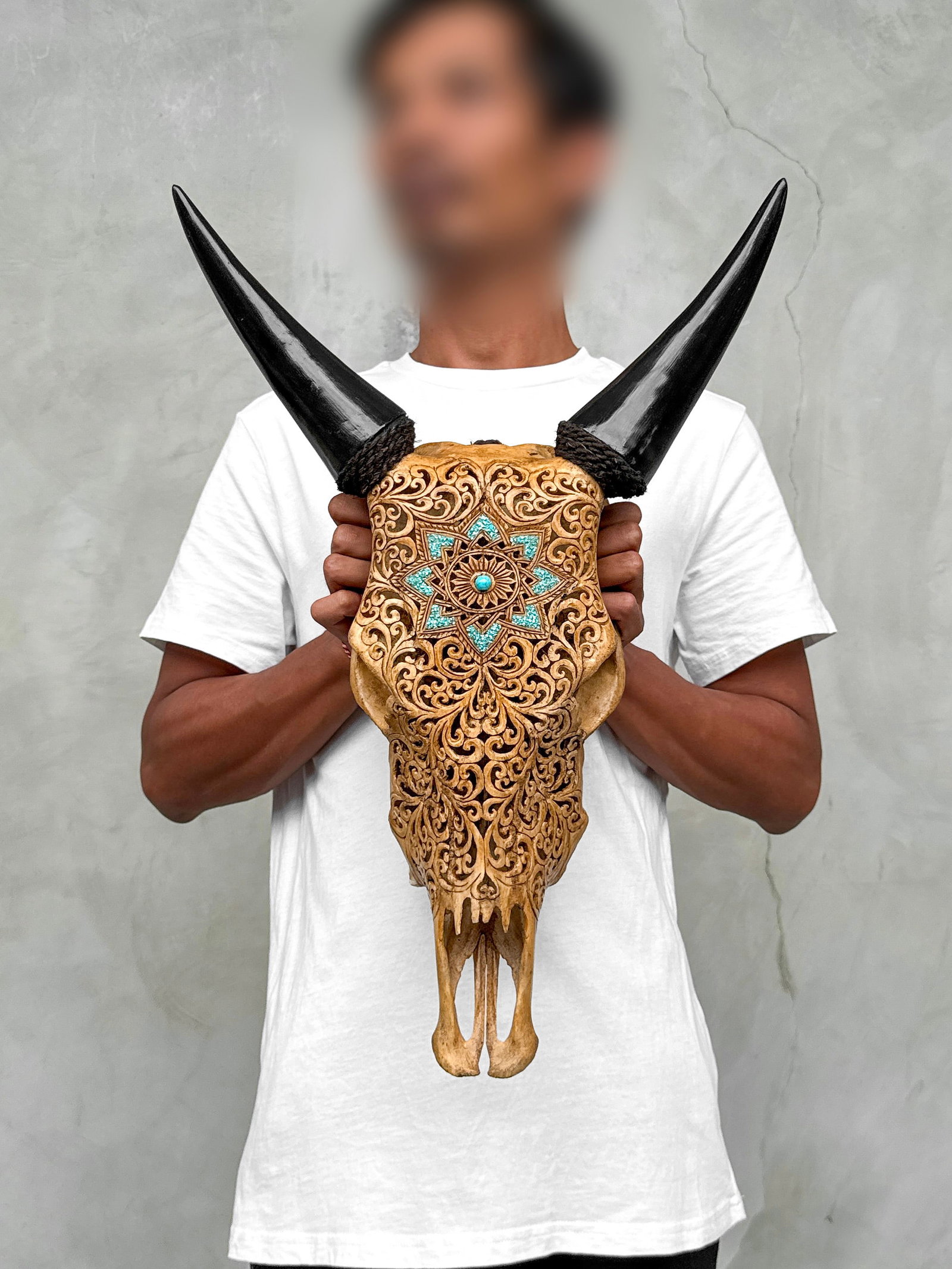 Brown cow skull - Star mandala with turqoise inlay - 3