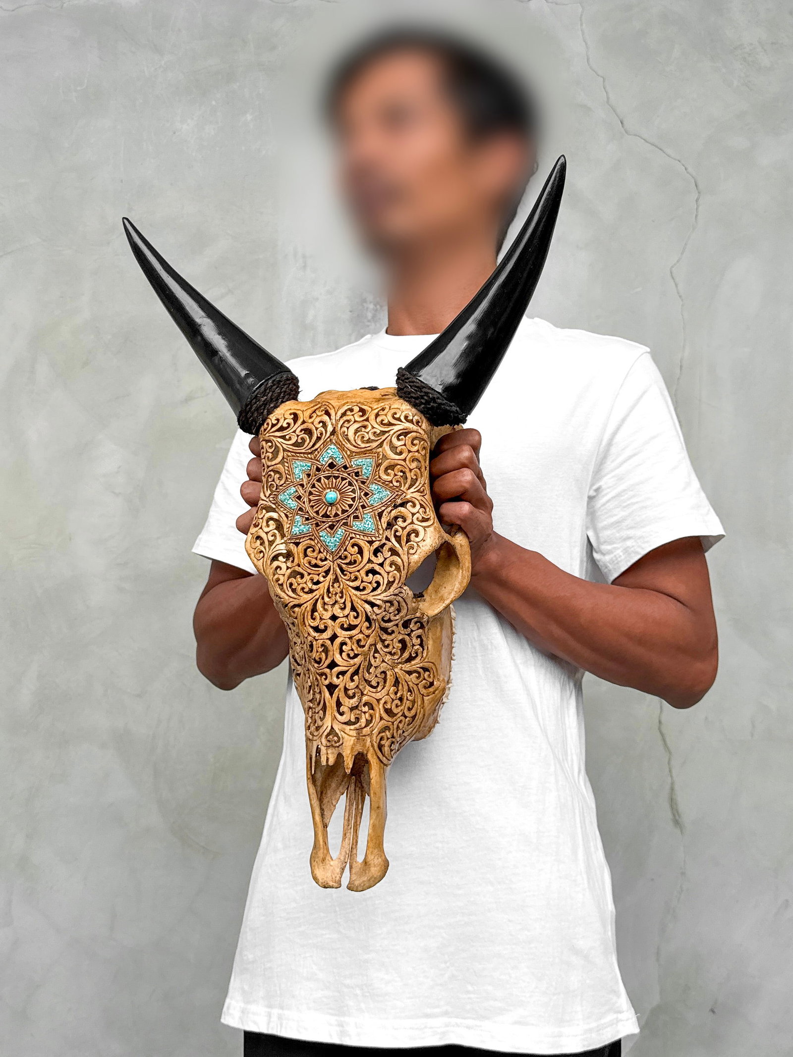 Brown cow skull - Star mandala with turqoise inlay - 4