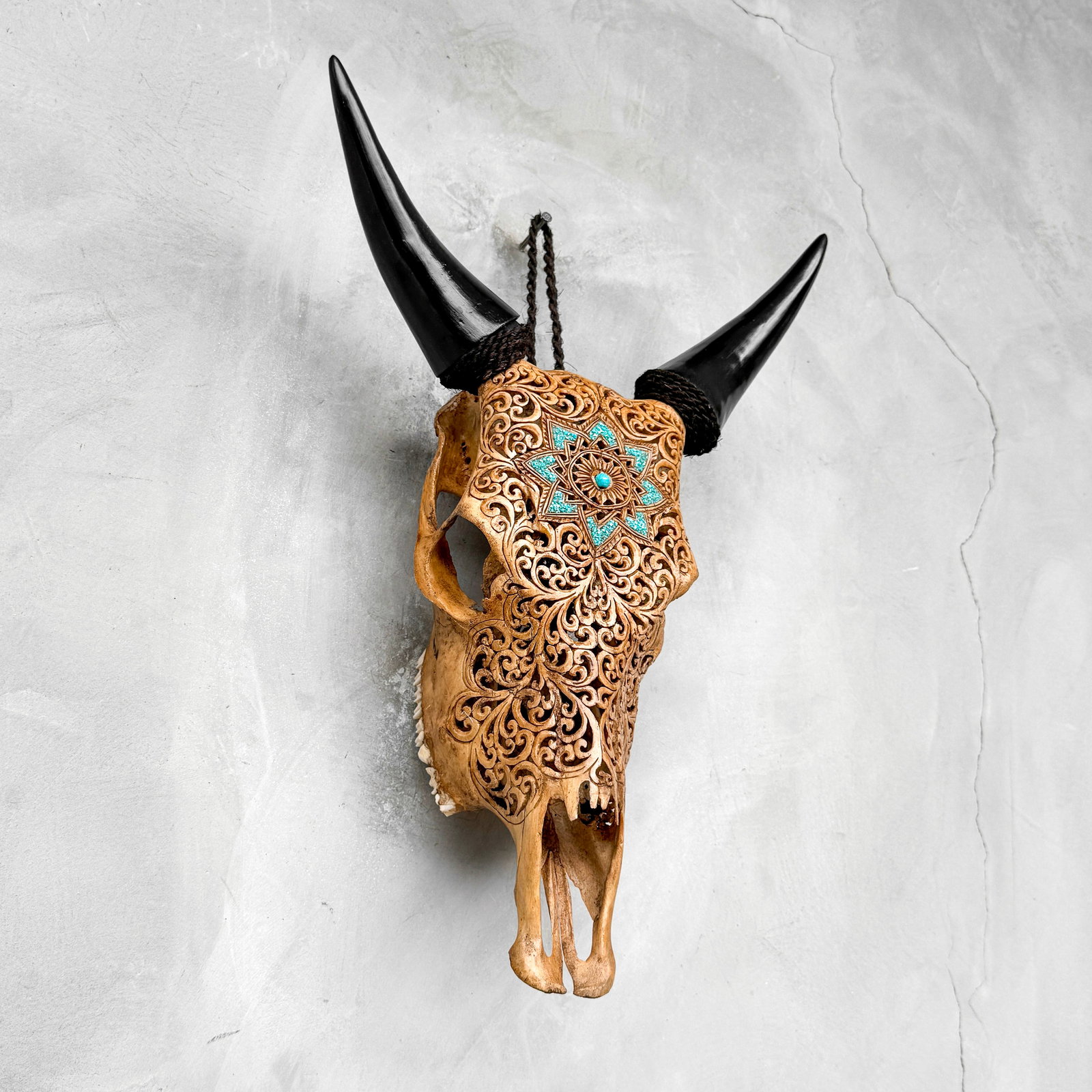 Brown cow skull - Star mandala with turqoise inlay - 7