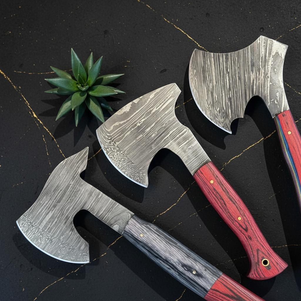 Set of 3 Handmade Damascus Steel Hatchet Axes 9" with Pakka Wood Handles - 2