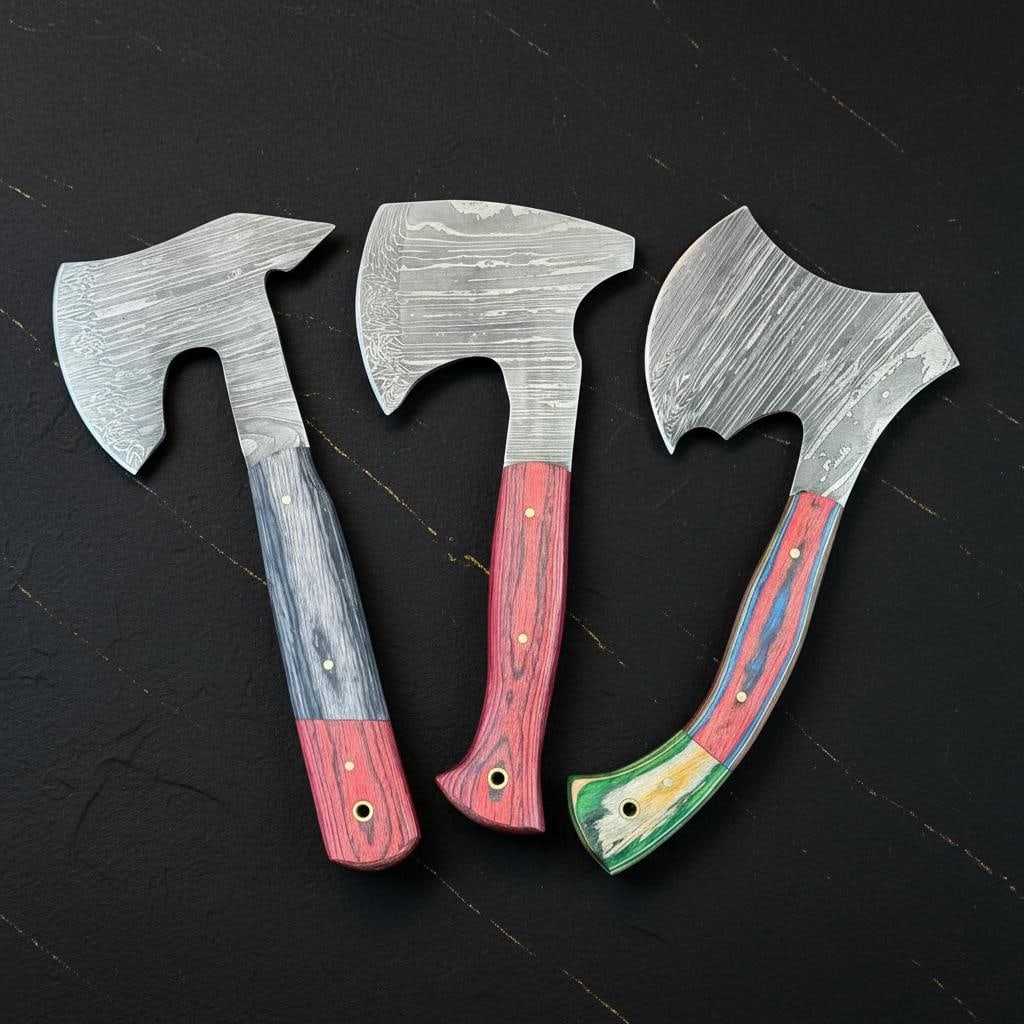 Set of 3 Handmade Damascus Steel Hatchet Axes 9" with Pakka Wood Handles - 5