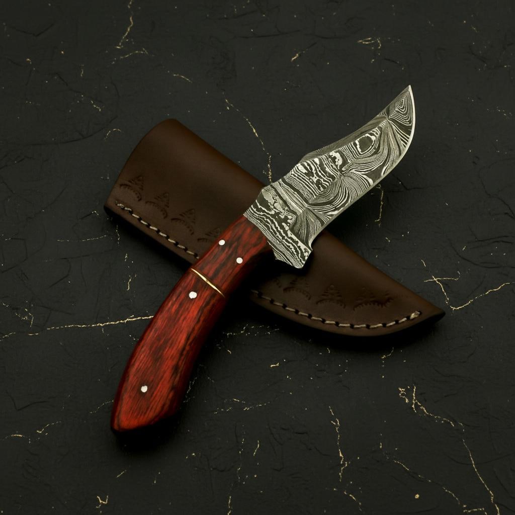 Hand Forged Damascus Steel Hunting Knife with Rosewood Handle, 8" Fixed Blade - 4
