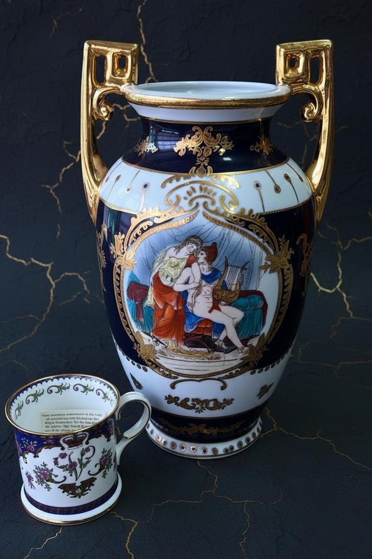 Cobalt & Gold Encrusted Vintage Vase Urn 12" Tall LF PRC Limoges Style Porcelain - 3