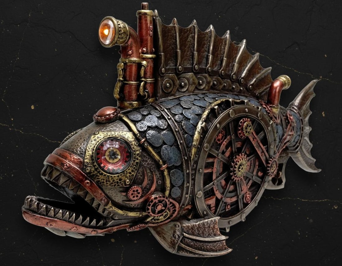 Steampunk Anglerfish Submarine Sculpture 12 Inch LED Light Statue Cold Cast Bronze - 2