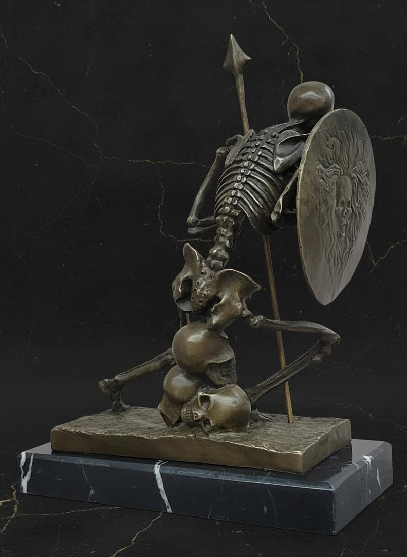 Skeleton Warrior on Skull Bronze Statue by Milo Modern Macabre Art Figure - 3