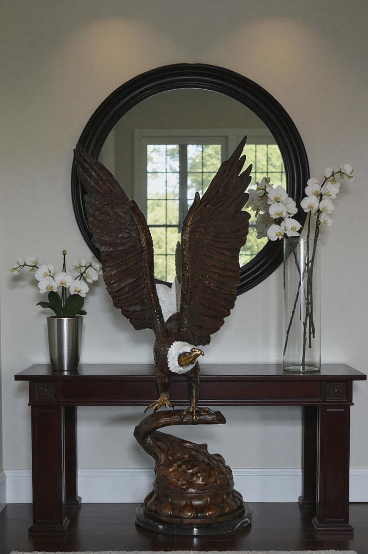 Eagle Coming to a Landing on a Branch Bronze Statue - Size: 15"L x 15"W x 31"H - 2