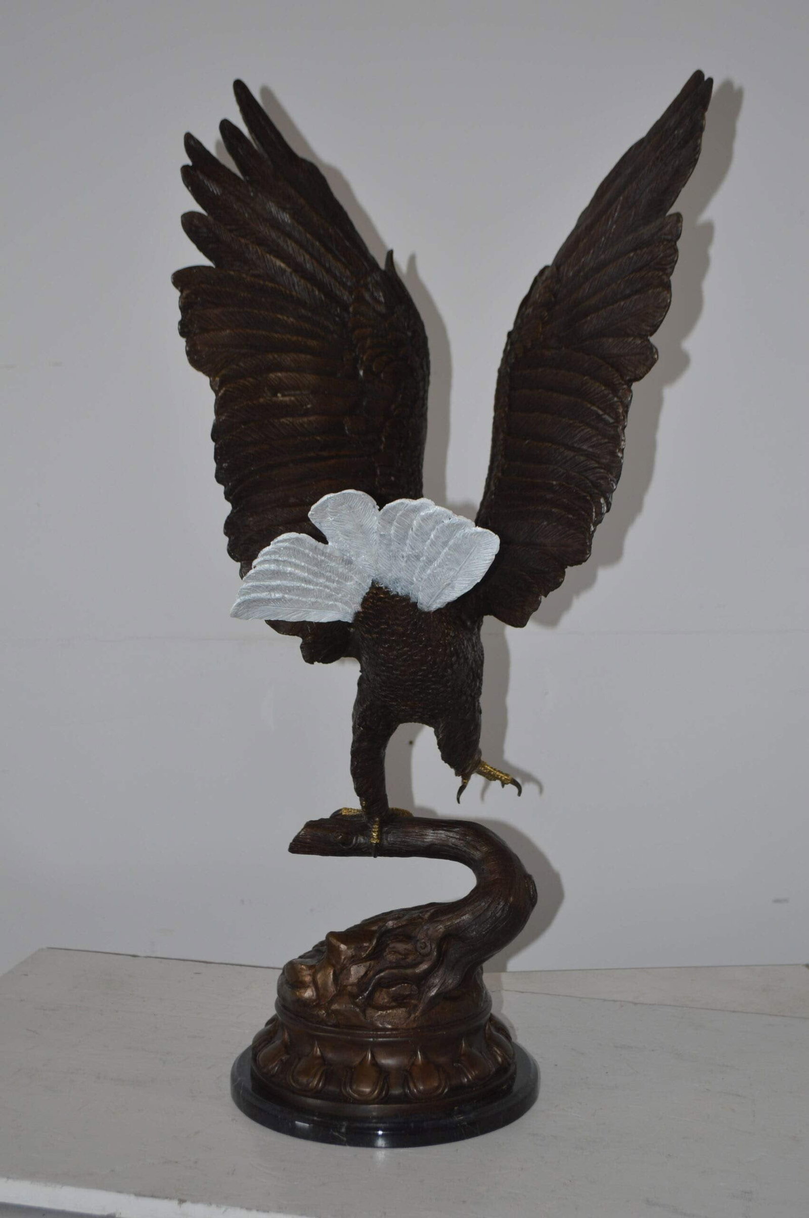Eagle Coming to a Landing on a Branch Bronze Statue - Size: 15"L x 15"W x 31"H - 8