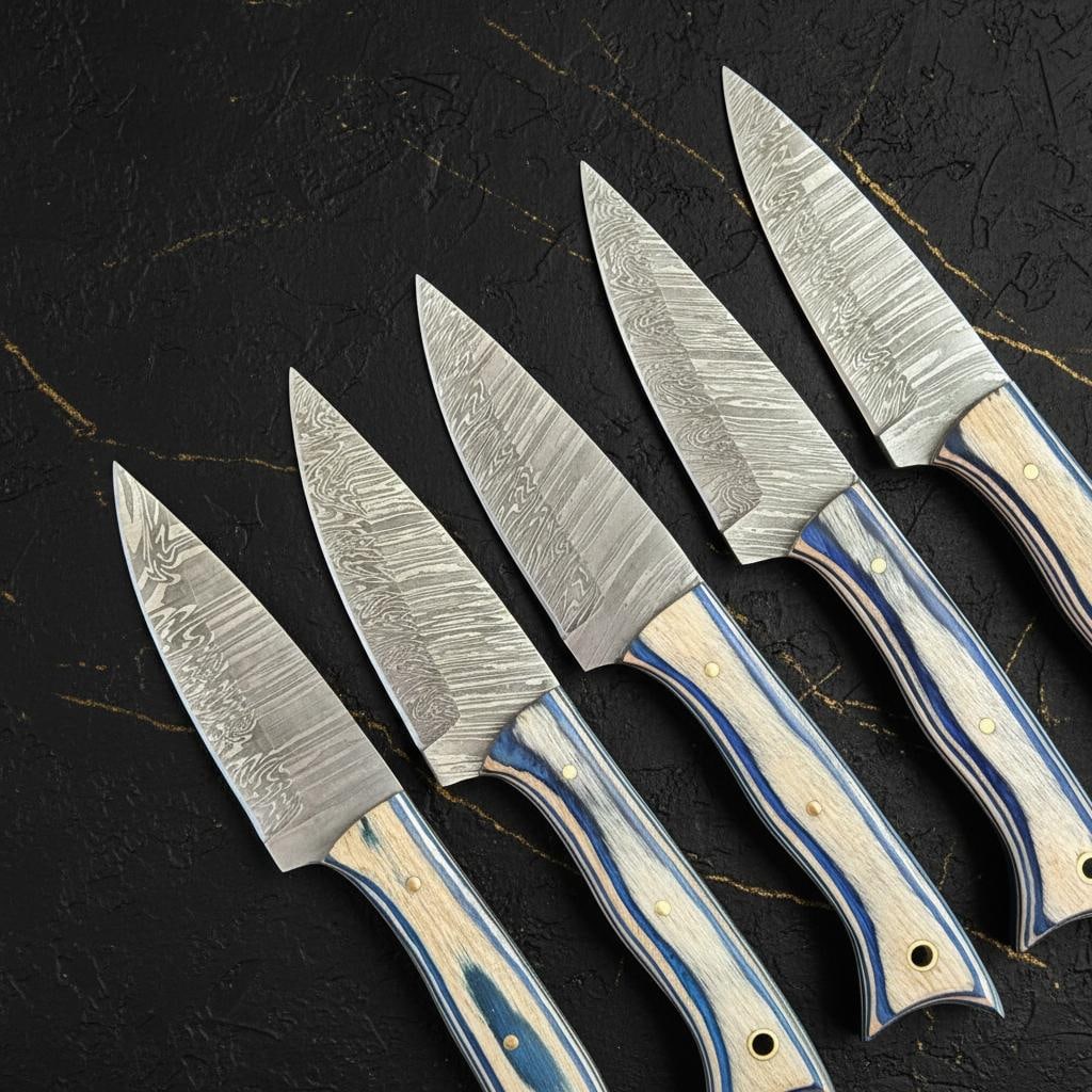Handcrafted Damascus Steel Steak Knife Set of 5, Full Tang with Pakka Wood Handles - 2