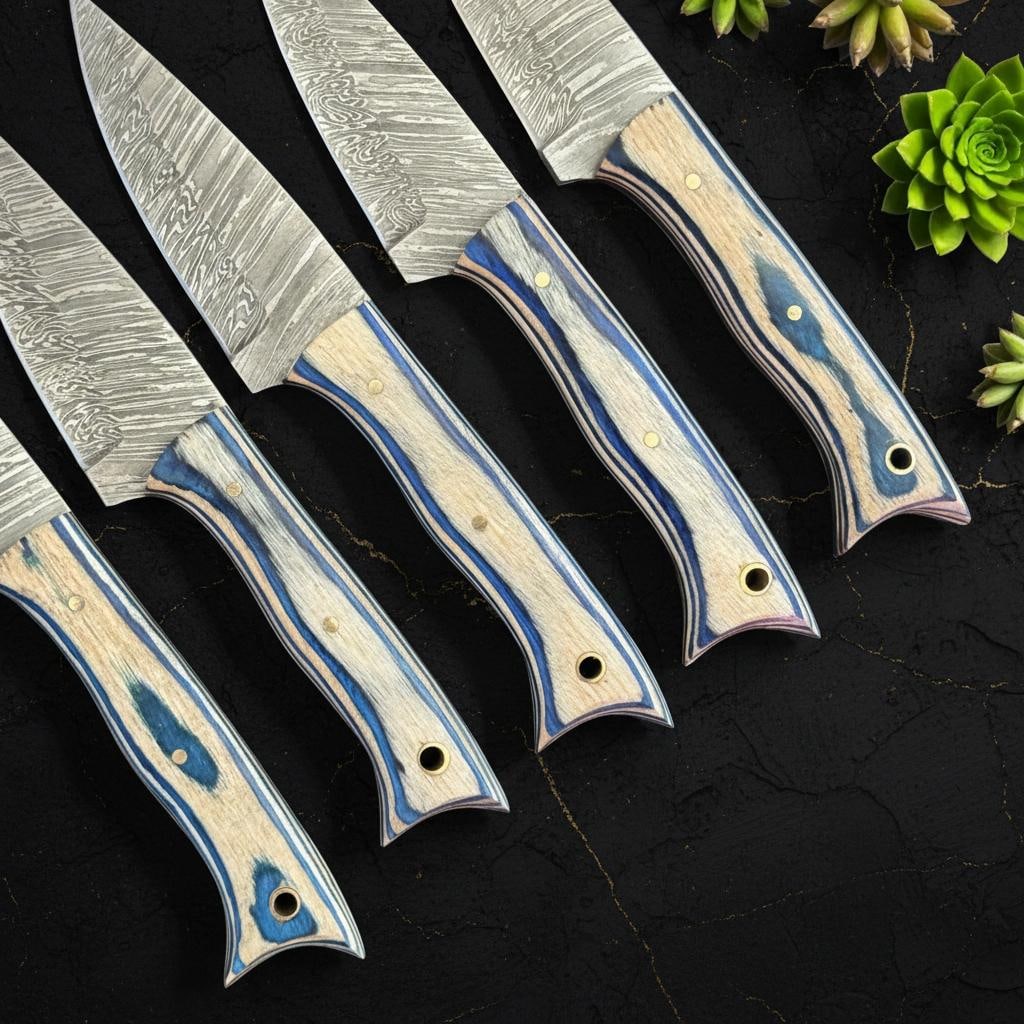 Handcrafted Damascus Steel Steak Knife Set of 5, Full Tang with Pakka Wood Handles - 3