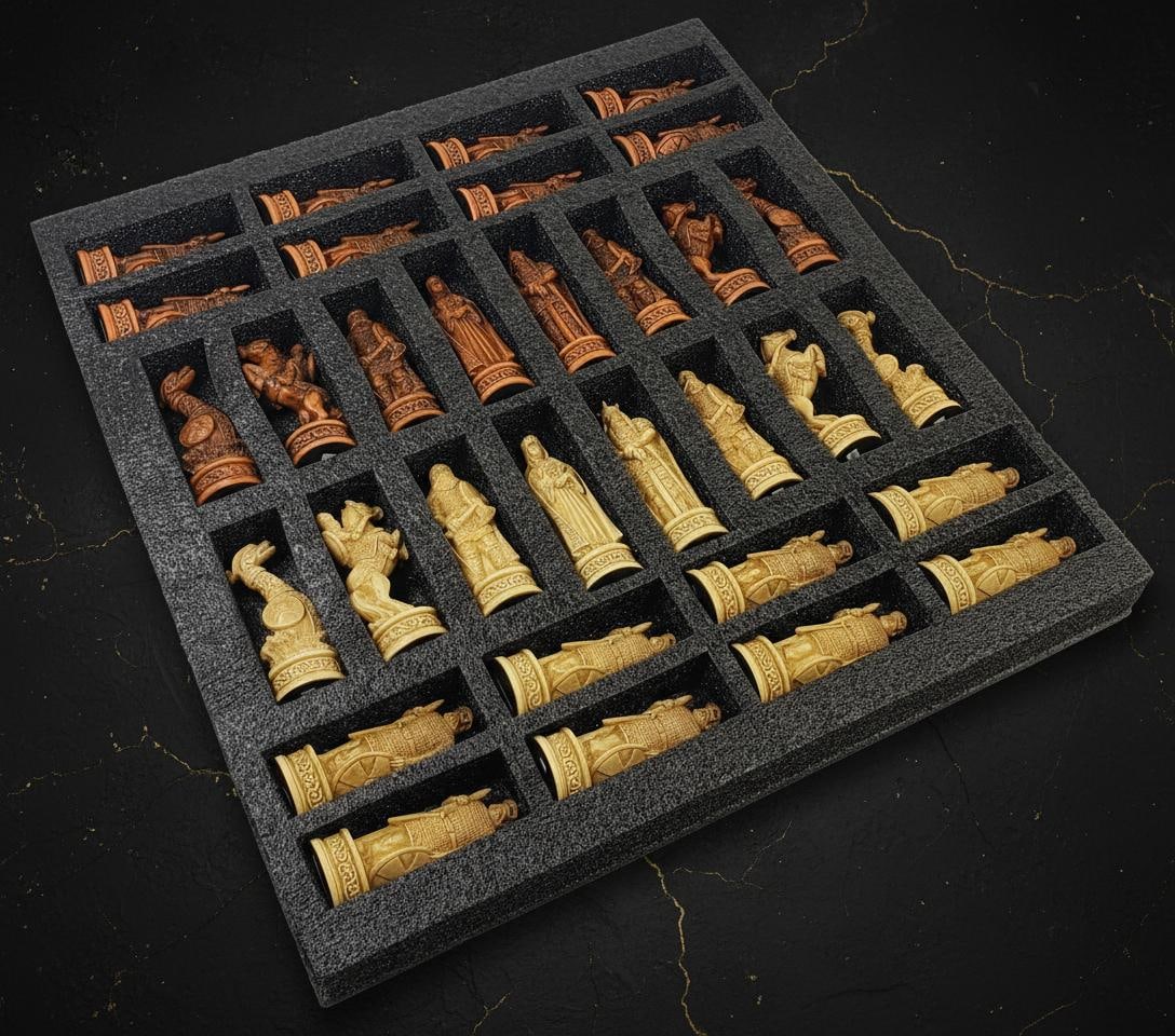 Hand Painted Norse Viking Chess Pieces Set 3 1/4" King Brown & White Resin, No Board: Title:Hand Painted Norse Viking Chess Pieces Set 3 1/4" King Brown & White Resin, No Board Description:This listing features a brand new, complete 32-piece set of chess men with a detailed Norse Vikin