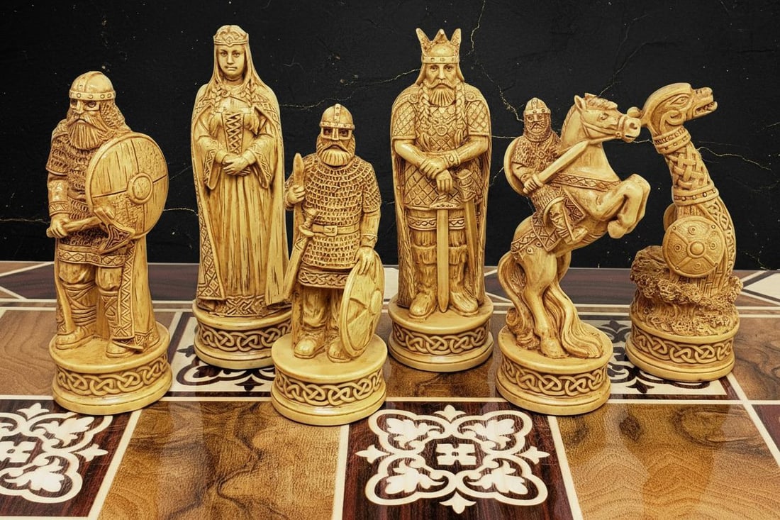 Hand Painted Norse Viking Chess Pieces Set 3 1/4" King Brown & White Resin, No Board - 2