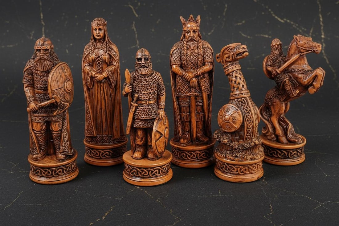 Hand Painted Norse Viking Chess Pieces Set 3 1/4" King Brown & White Resin, No Board - 3