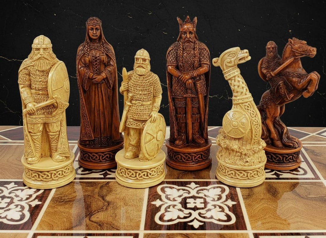 Hand Painted Norse Viking Chess Pieces Set 3 1/4" King Brown & White Resin, No Board - 6