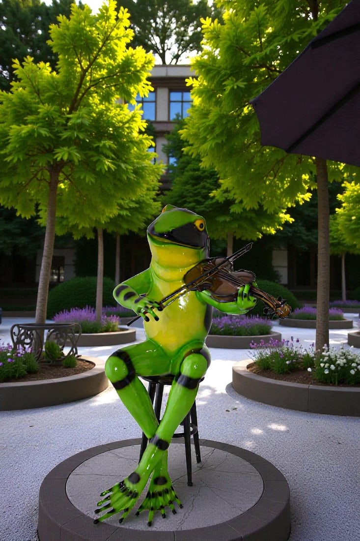 Musical Green Frog Bronze Statue - Playing Violin Sculpture - Perfect for Home or Office, 20"L x - 2