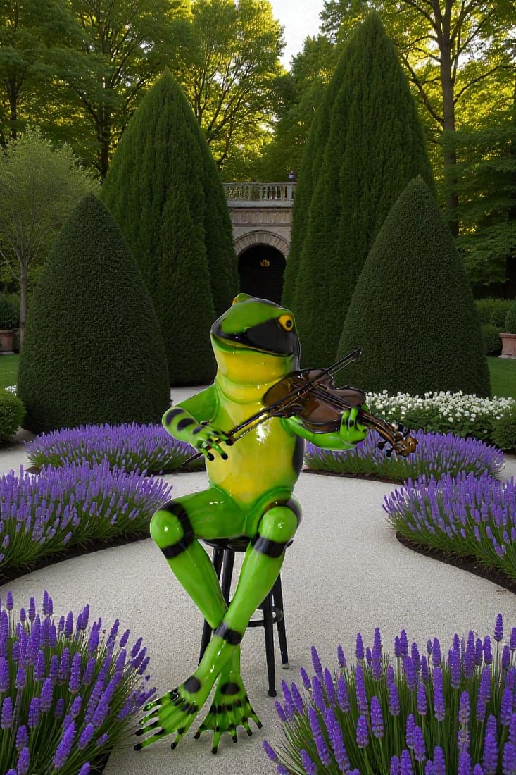 Musical Green Frog Bronze Statue - Playing Violin Sculpture - Perfect for Home or Office, 20"L x - 3