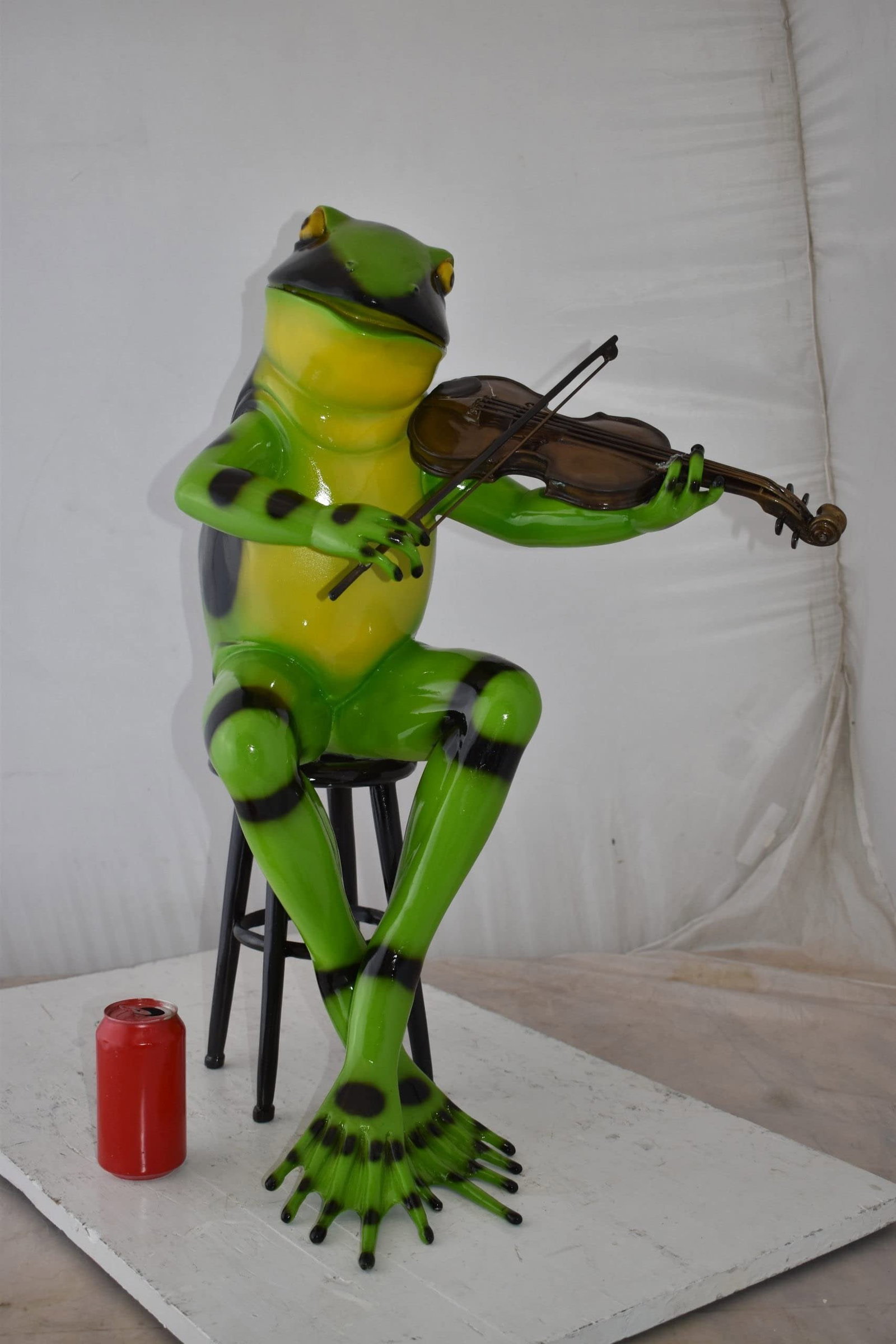 Musical Green Frog Bronze Statue - Playing Violin Sculpture - Perfect for Home or Office, 20"L x - 5