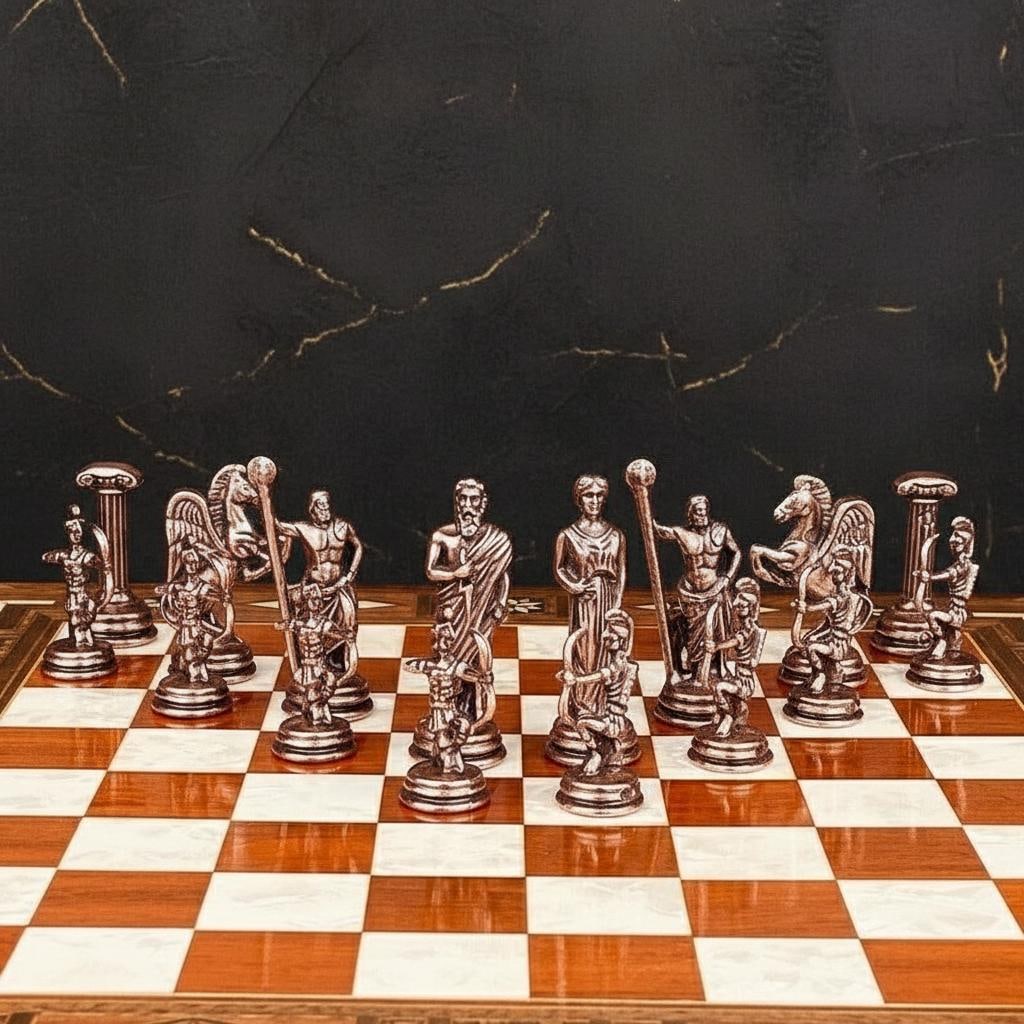 Handmade Greek Mythology Chess Set Metal Olympus Gods & Inlaid Rosewood Storage Board - 3
