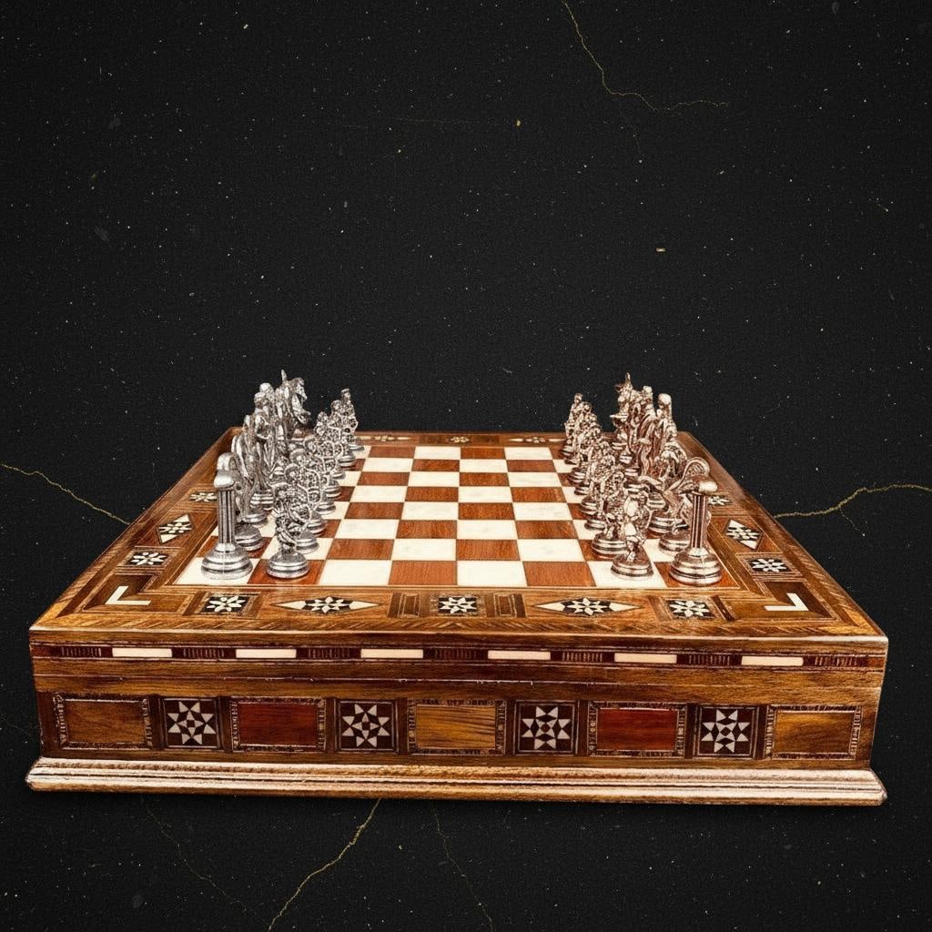 Handmade Greek Mythology Chess Set Metal Olympus Gods & Inlaid Rosewood Storage Board - 6