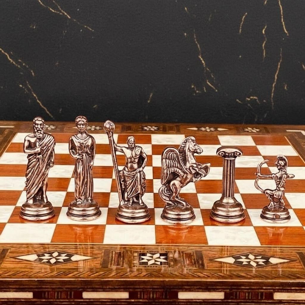 Handmade Greek Mythology Chess Set Metal Olympus Gods & Inlaid Rosewood Storage Board - 8