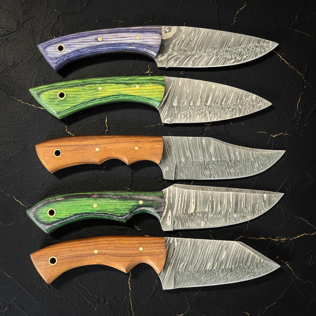 Set of 10 Damascus Steel Hunting Knives with Pakka Wood Handles Skinner Style - 2