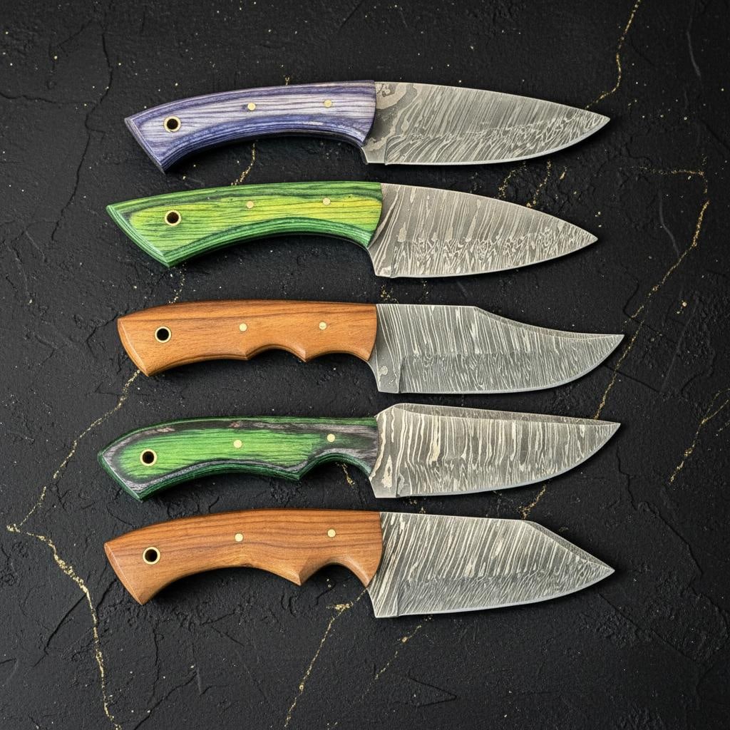 Set of 10 Damascus Steel Hunting Knives with Pakka Wood Handles Skinner Style - 7