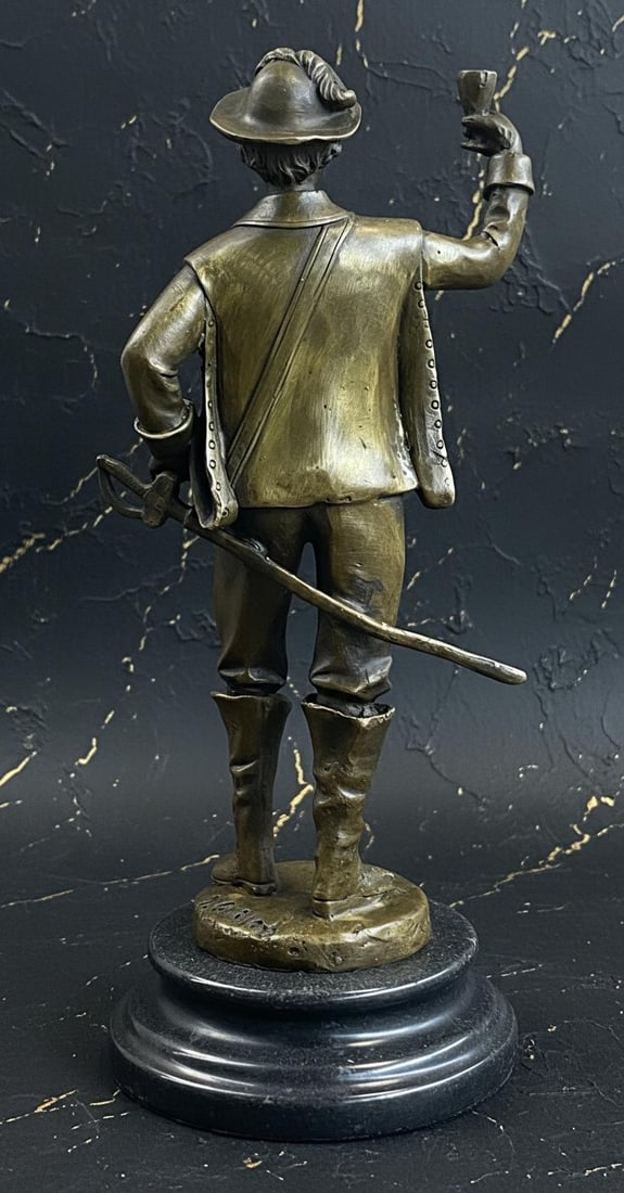 French Cavalry Soldier Toasting Cup Bronze Sculpture Signed Guillot on Marble Base - 3