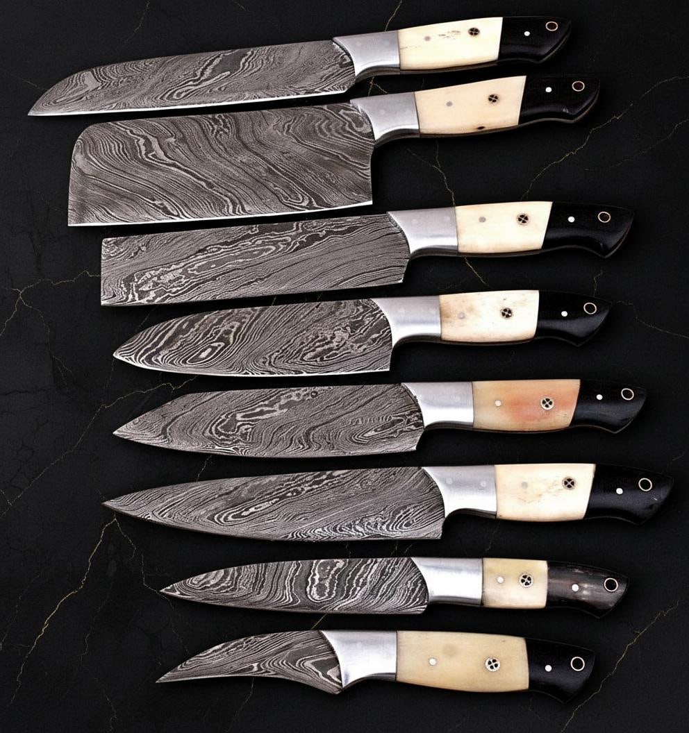 8pc Hand Forged Damascus Steel Kitchen Knife Set with Camel Bone Handles & Leather Roll (1 of 5)