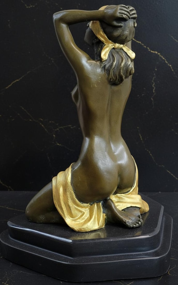 Art Deco Nude Woman Bronze Statue Signed Preiss, Gilt Sculpture on Marble Base - 3