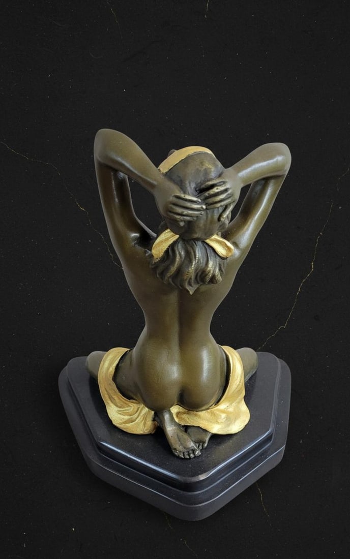 Art Deco Nude Woman Bronze Statue Signed Preiss, Gilt Sculpture on Marble Base - 5
