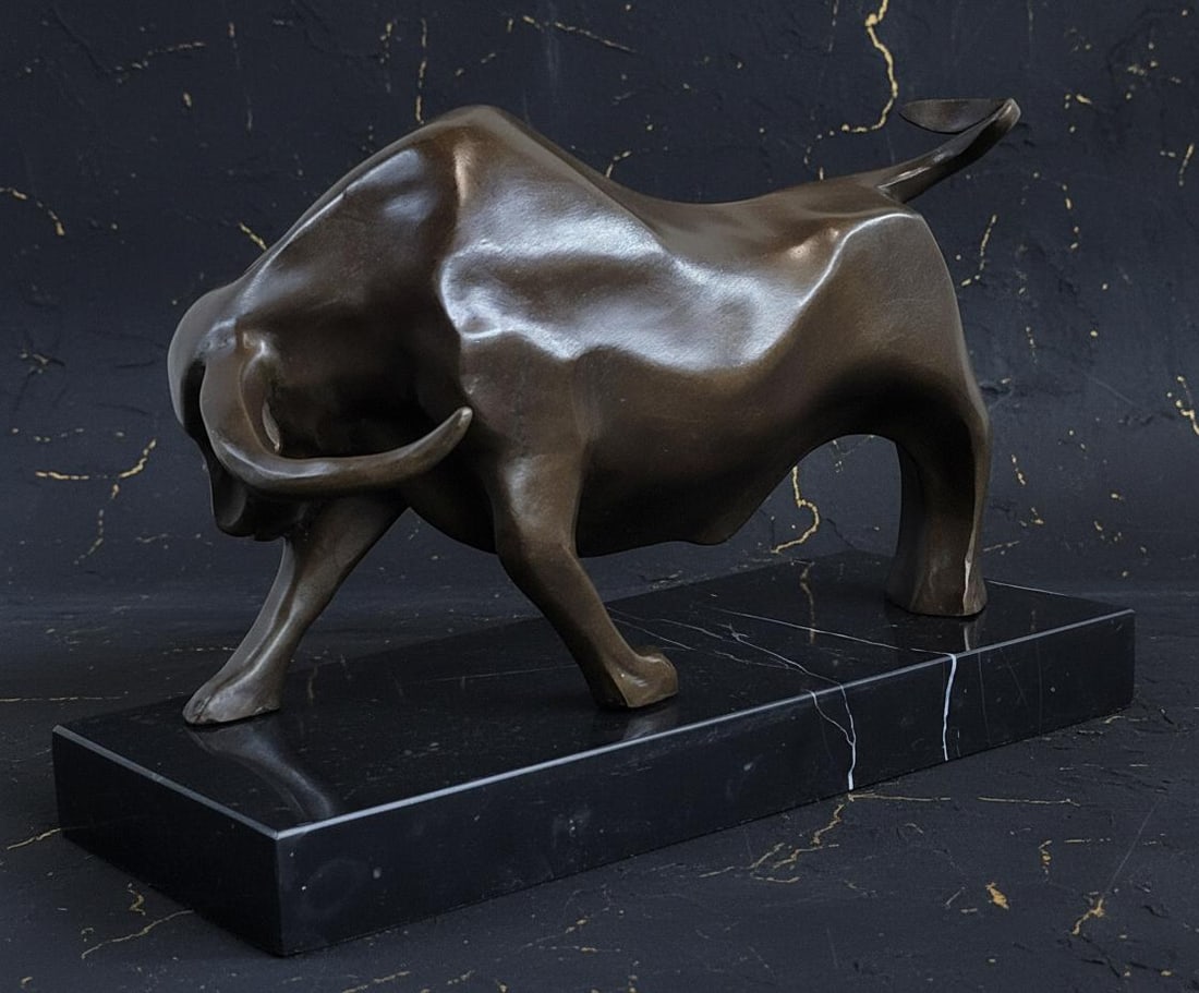 Modern Abstract Charging Bull Bronze Statue by E. Truffot Signed on Marble Base - 2