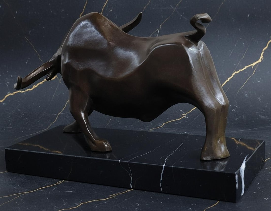 Modern Abstract Charging Bull Bronze Statue by E. Truffot Signed on Marble Base - 3