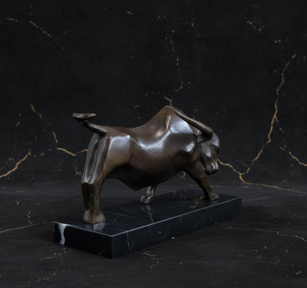 Modern Abstract Charging Bull Bronze Statue by E. Truffot Signed on Marble Base - 4