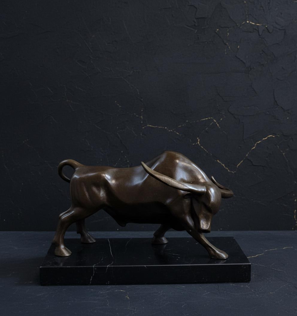 Modern Abstract Charging Bull Bronze Statue by E. Truffot Signed on Marble Base - 7