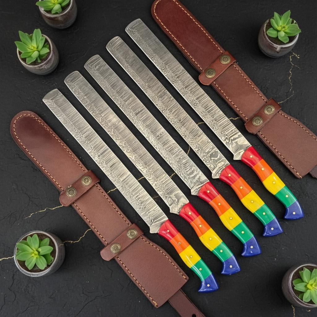 Set of 5 Hand Forged Damascus Steel Brisket Knives 10" Blade Rainbow Resin Handle (1 of 7)