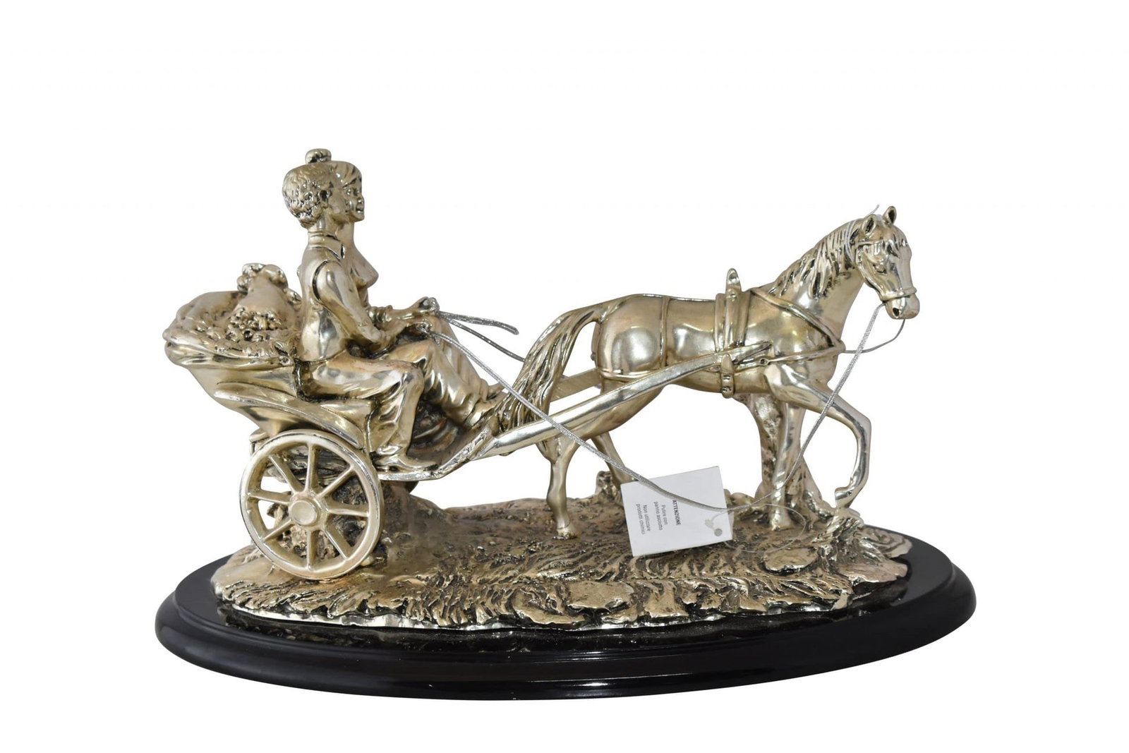 Horse With Carriage Resin Statue with Silver Coating Size: 17" x 10" x 10"H: Title:Horse With Carriage Resin Statue with Silver Coating Size: 17" x 10" x 10"H Description:Enjoy this Impressive, classic, resin statue with silver finish mounted on a wood base, beautiful piece of