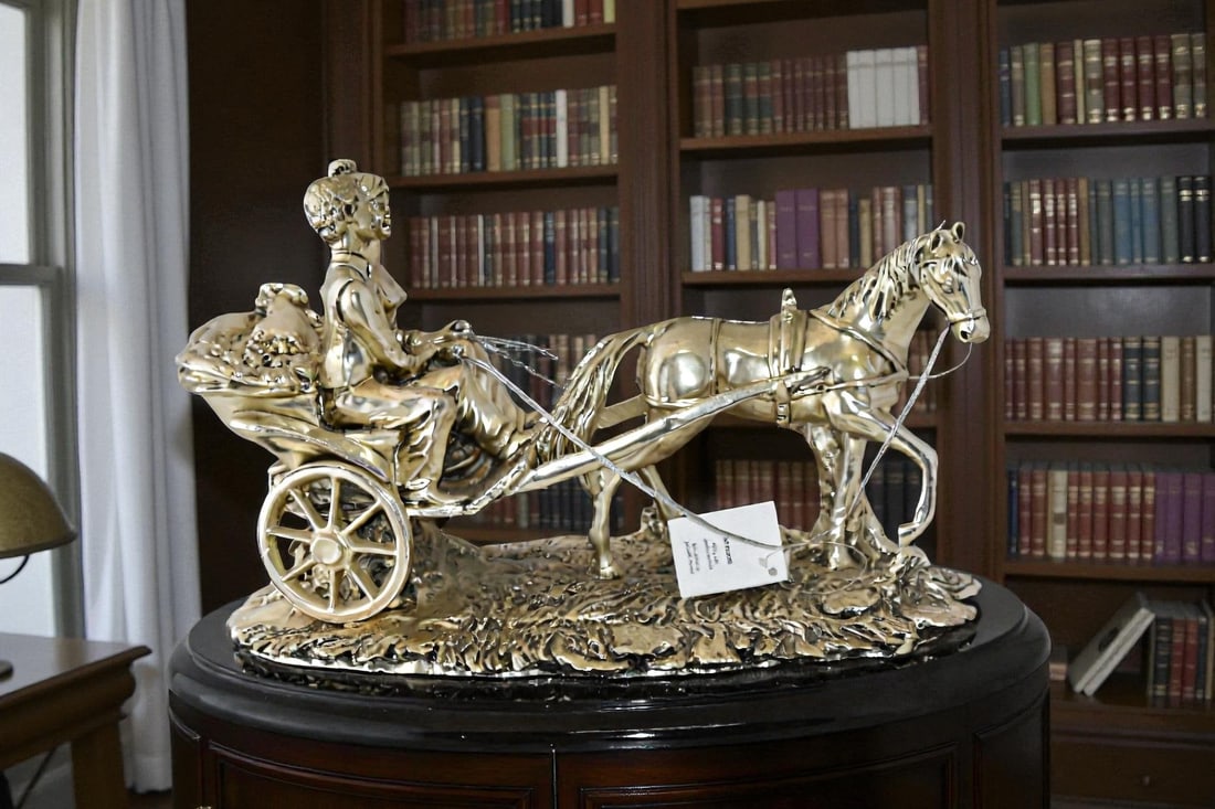 Horse With Carriage Resin Statue with Silver Coating Size: 17" x 10" x 10"H - 2