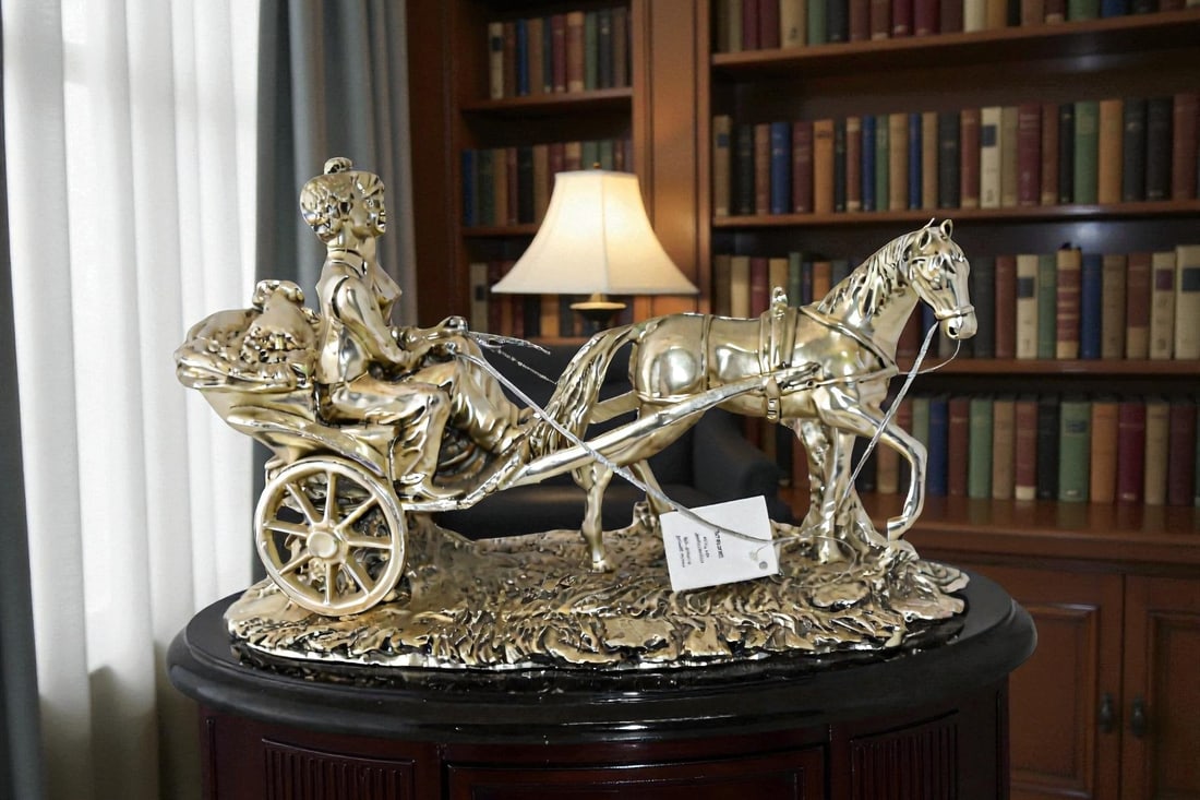Horse With Carriage Resin Statue with Silver Coating Size: 17" x 10" x 10"H - 3