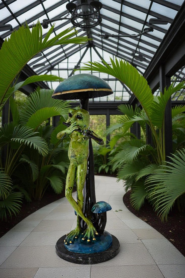 Musical Green Frog Playing the Flute Bronze Statue Size: 14" x 12" x 27"H - 2