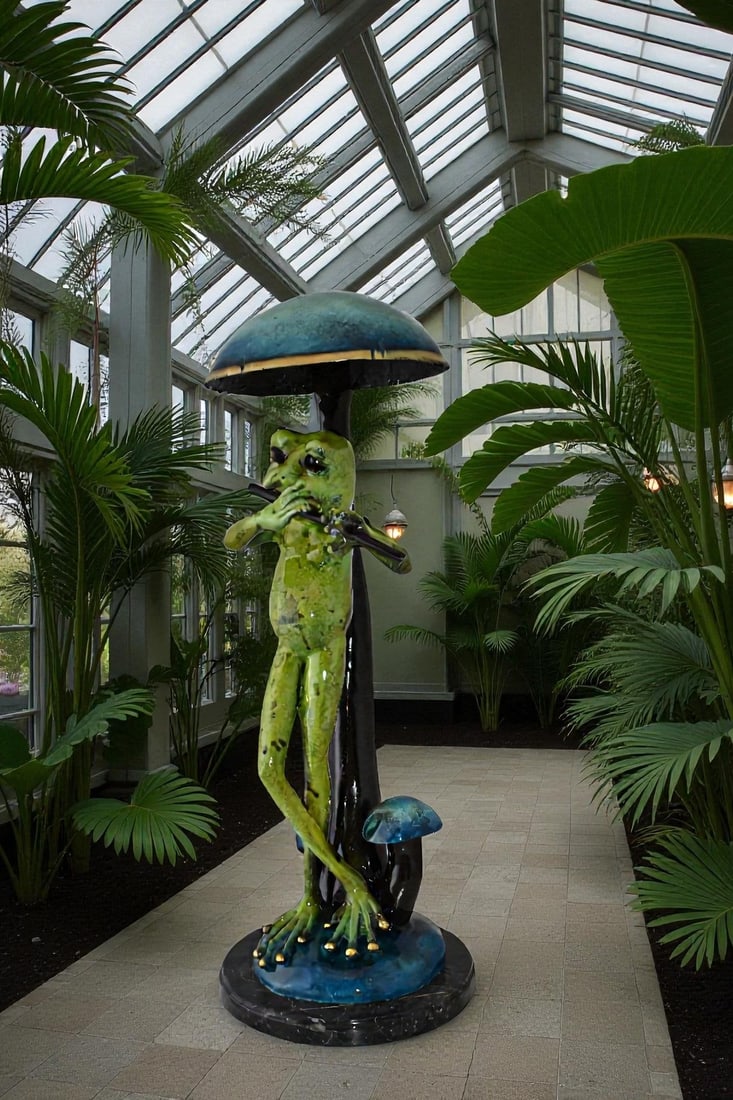 Musical Green Frog Playing the Flute Bronze Statue Size: 14" x 12" x 27"H - 3