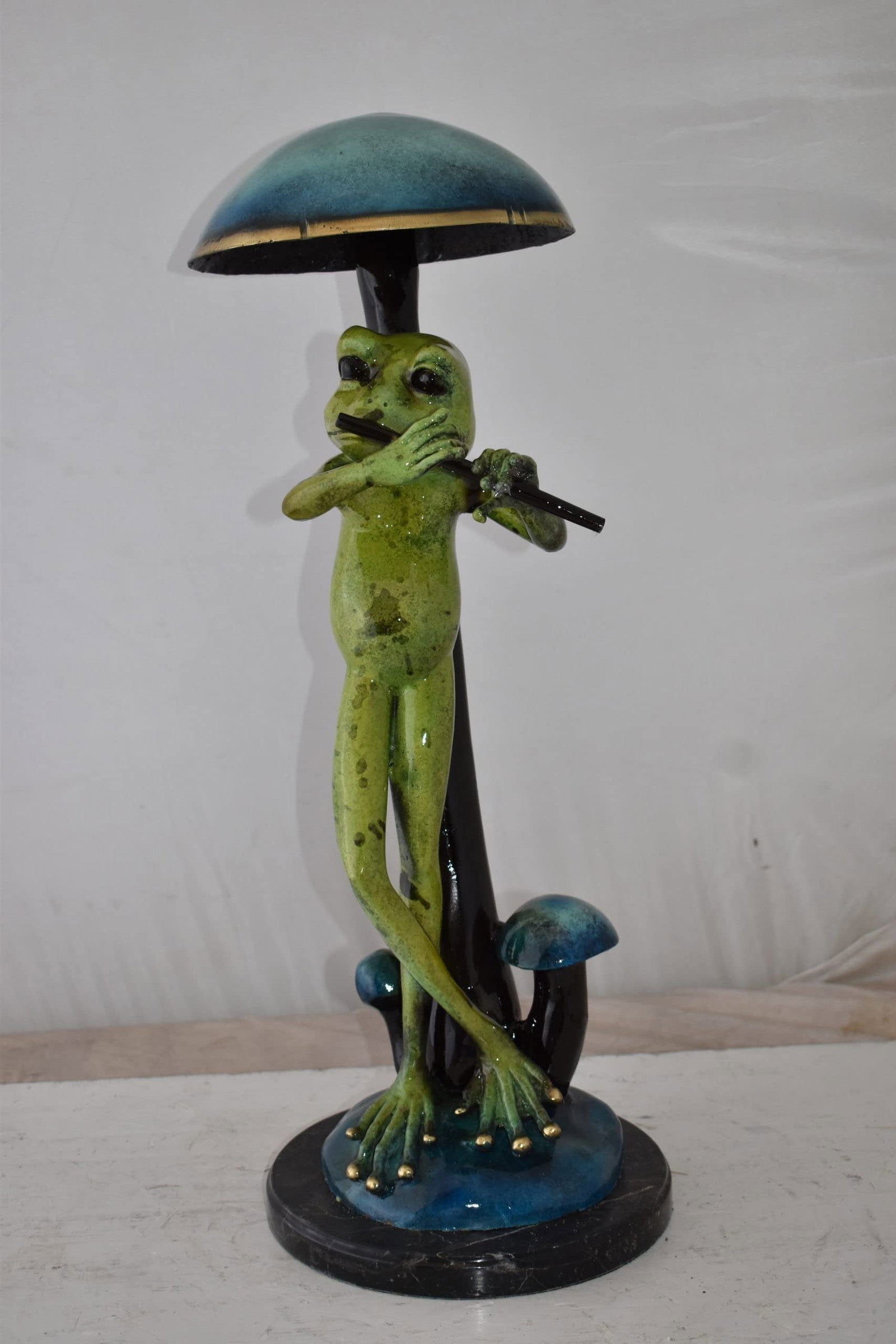 Musical Green Frog Playing the Flute Bronze Statue Size: 14" x 12" x 27"H - 4