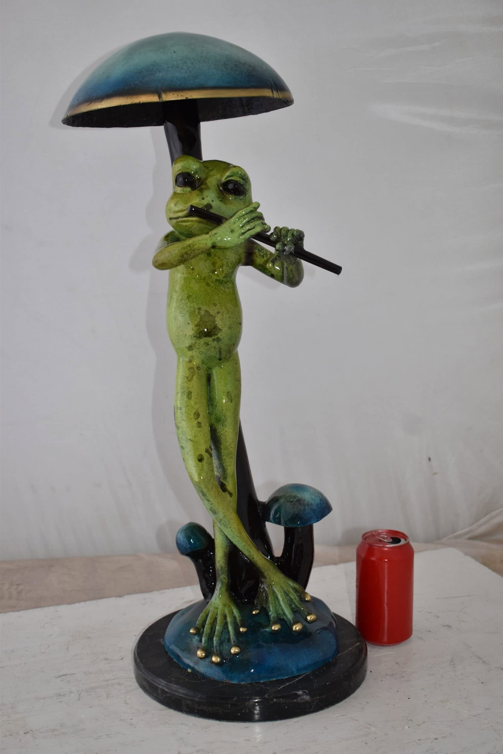 Musical Green Frog Playing the Flute Bronze Statue Size: 14" x 12" x 27"H - 5