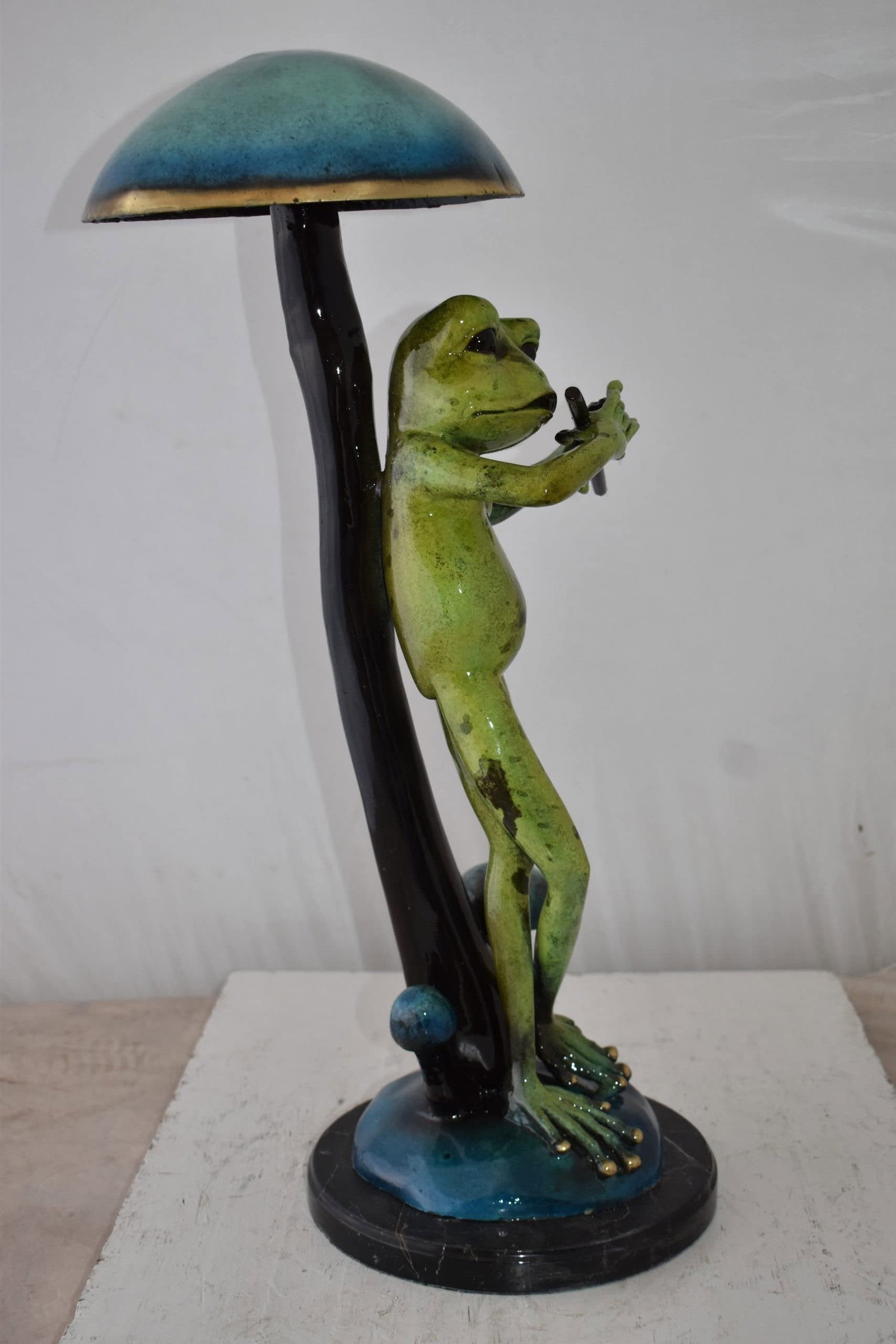 Musical Green Frog Playing the Flute Bronze Statue Size: 14" x 12" x 27"H - 7