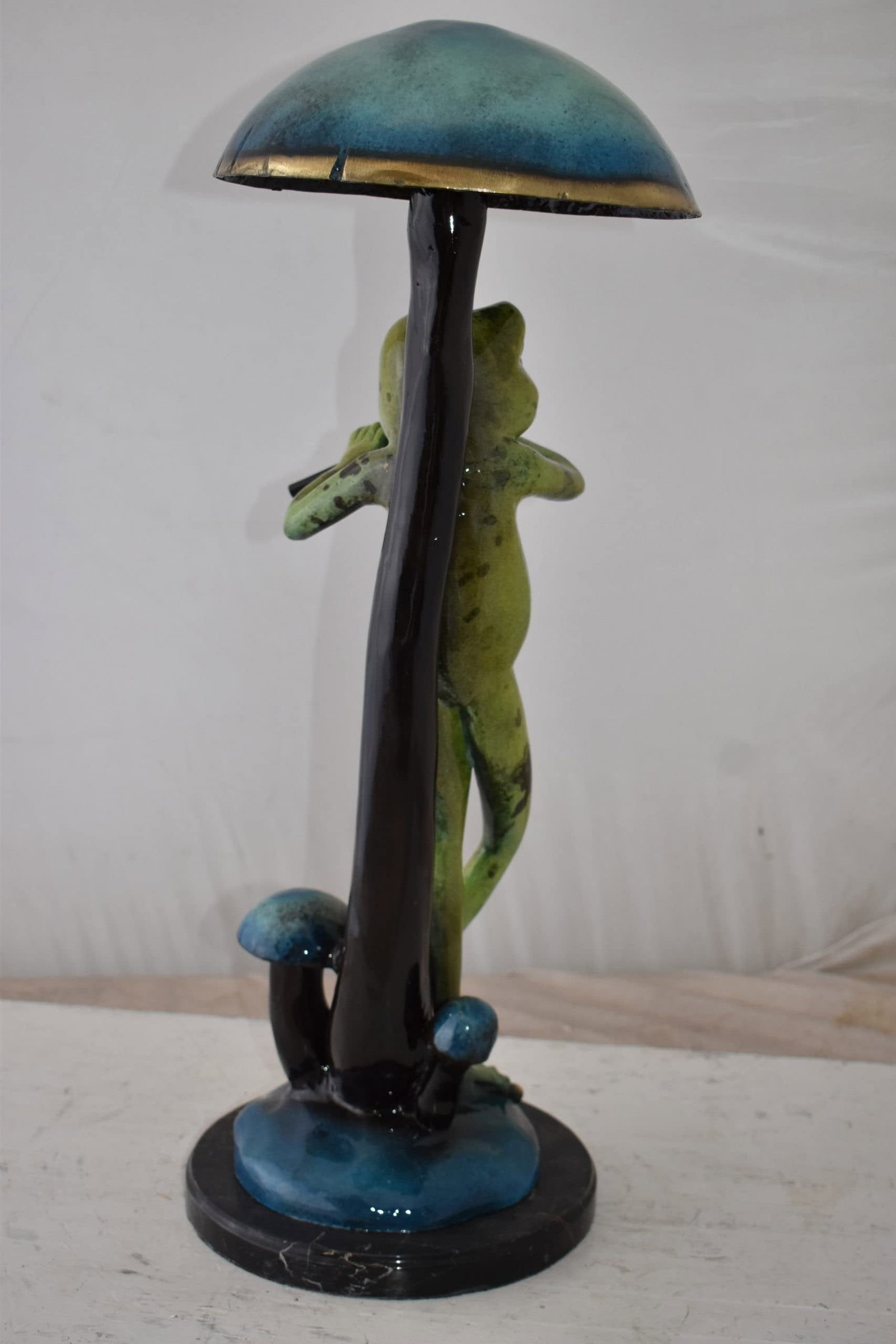 Musical Green Frog Playing the Flute Bronze Statue Size: 14" x 12" x 27"H - 8