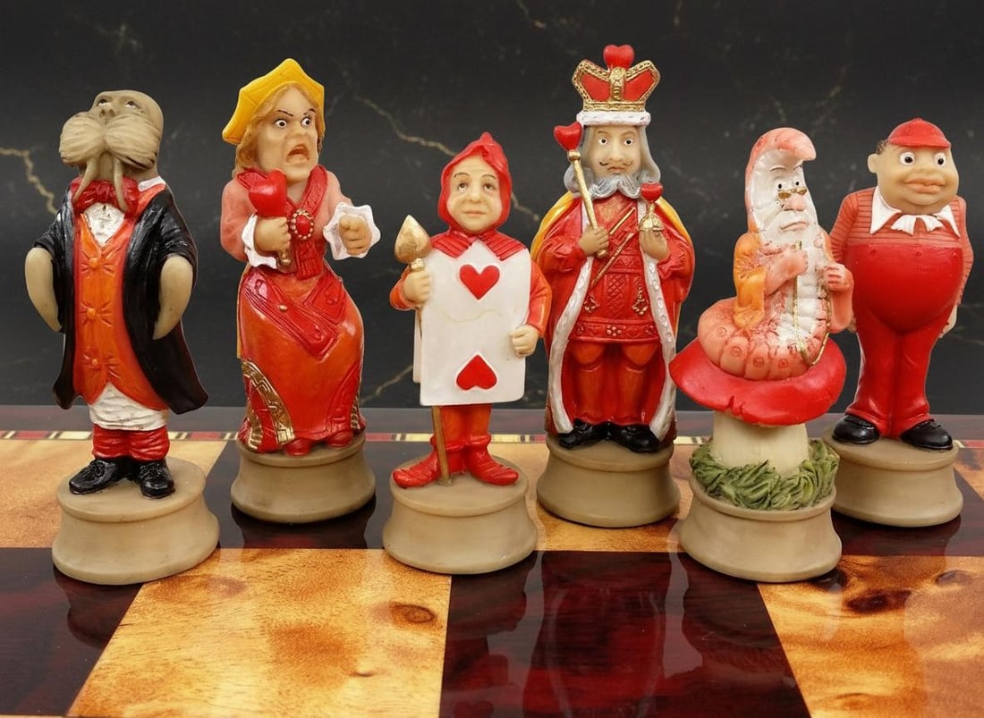 Hand Painted Alice in Wonderland Fantasy Chess Set with Cherry Color Storage Drawer Board - 3