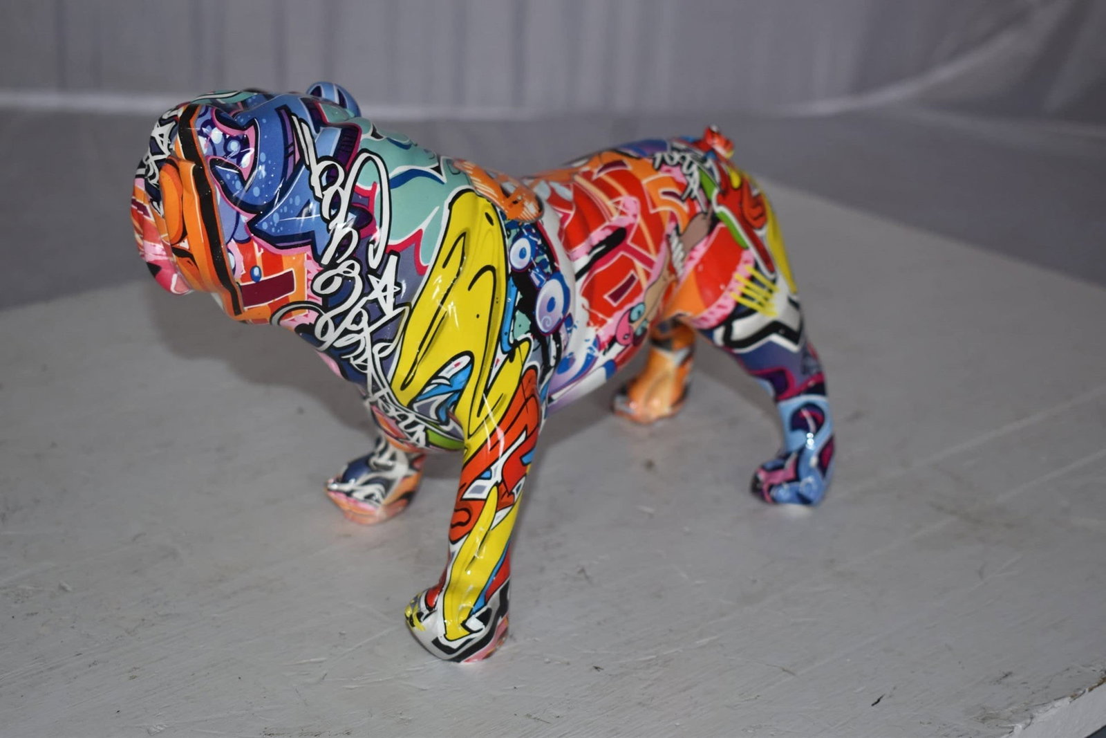 Modern Happy Graffiti Resin Bulldog Statue Looking to the Right 10" x 5" x 7"H - 10