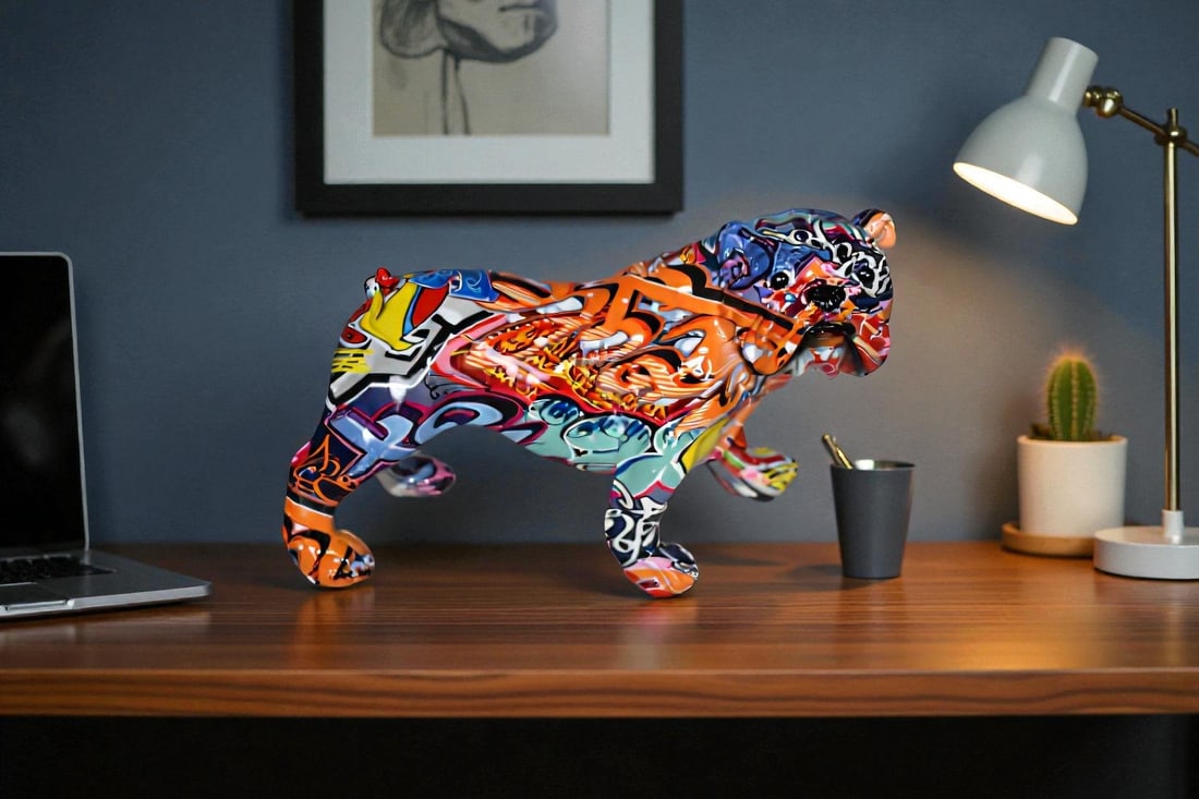 Modern Happy Graffiti Resin Bulldog Statue Looking to the Right 10" x 5" x 7"H - 2